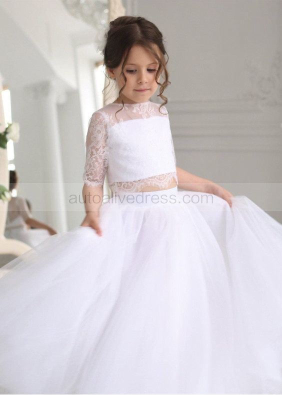 Two Piece White Lace Tulle Elbow Sleeve Flower Girl Dress Two Piece White Lace Tulle Elbow Sleeve Flower Girl Dress